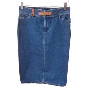 Lauren Jeans Co. Premium Blue Denim Midi Skirt Size 2 Brown Belt Pockets Cotton